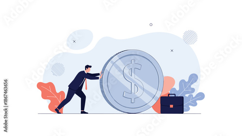 Businessman in a suit making a great effort to push a giant silver dollar coin, symbolizing financial growth and hard work.