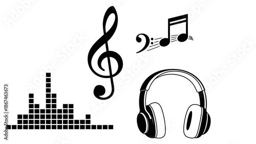 Musical elements set with treble clef, notes, sound equalizer bars, and headphones on an isolated white background.