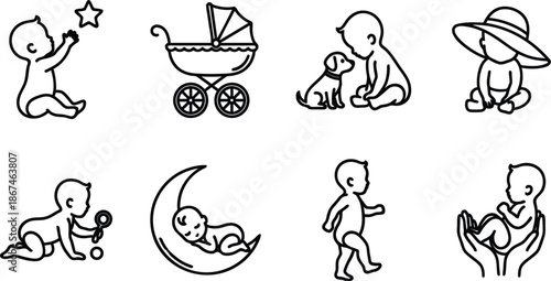 Set of cute baby line art illustrations with different activities and objects  baby and dog  baby in stroller