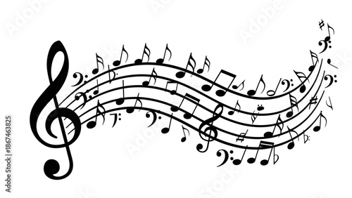 Dynamic Wavy Musical Staff with Notes and Treble Clef, Expressing Flowing Melody on Isolated White Background