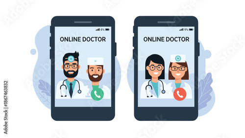 Two smartphones display an online doctor application, showing video calls with male and female medical professionals for telehealth.