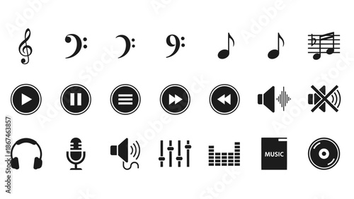 Comprehensive Set of Music and Media Player Control Icons with Notes and Audio Elements on an Isolated White Background