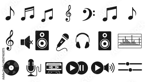 Extensive Set of Music Themed Icons Including Notes, Instruments, and Audio Equipment on an Isolated White Background