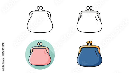 A set of four retro coin purse icons in different styles, including outline, flat color, and with a long shadow.