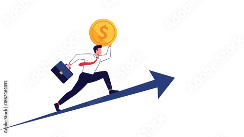 Businessman with a briefcase runs up a growing arrow while holding a gold coin, symbolizing financial success and career growth.