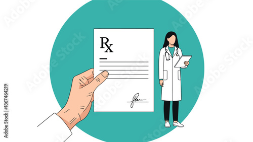 Hand holding a medical prescription paper with an Rx symbol, with a female doctor standing in the background circular frame.