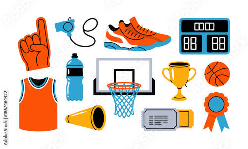 Playful basketball doodle icons for sports design vector illustration, easily editable.