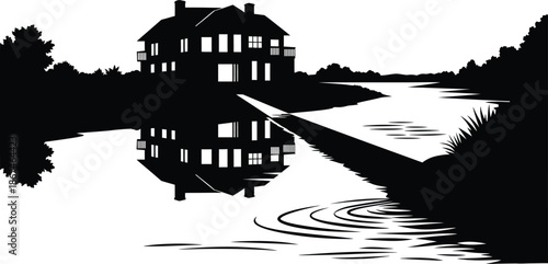 Lakeside country house silhouette with calm water reflection moonlit atmosphere and peaceful rural landscape scene.