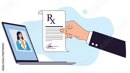 A hand holding a medical e-prescription emerges from a laptop screen during a video consultation with a female doctor online.