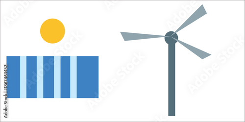 Print Renewable Energy Illustration with Solar Panels and Wind Turbine, Clean Sustainable Power Concept, Green Eco Friendly Electricity Vector Design