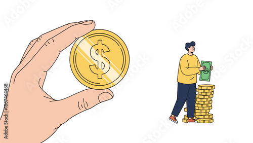 A large hand holding a shiny gold dollar coin, with a man in the background stacking paper money, symbolizing wealth.