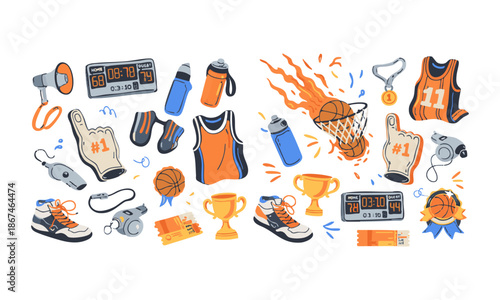 Basketball doodle icon set with sports equipment and fan elements vector illustration, easily editable.
