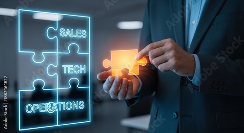 Business Integration Concept: Man Connecting Puzzle Pieces Representing Sales, Technology, and Operations for Strategic Growth © The Little Hut