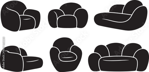Set of modern black armchairs and sofas illustrations