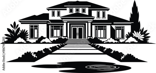 Elegant modern suburban house silhouette with symmetrical garden pathway and calm residential exterior scene.