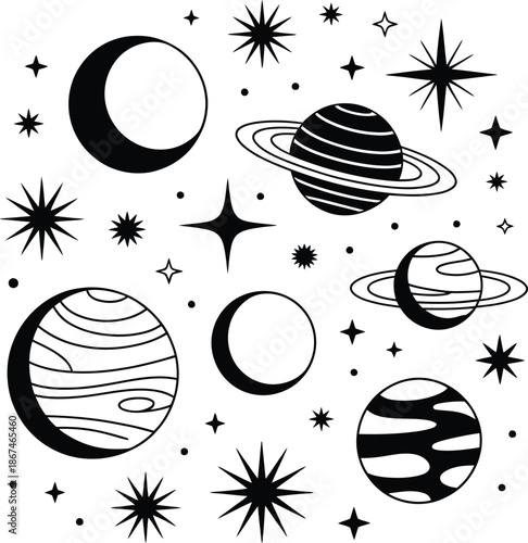 Black and white celestial vector featuring planets, moons, stars, and cosmic symbols in abstract line-art composition.