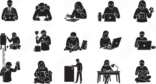 Black and white illustrations of people working remotely daily