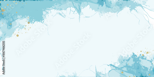 Abstract watercolor background with blue and gold ink textures