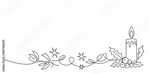 A simple line drawing of a candle holly and stars for festive decoration