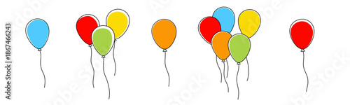 colorful party helium balloons set in various clusters and colors isolated on white or transparent png