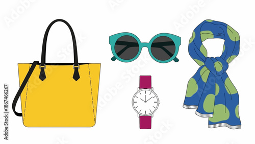 Fashion Accessories Flat Lay: Yellow Bag, Sunglasses, Watch, Scarf
