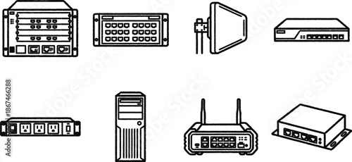 Various computer and networking equipment devices and peripherals  servers routers switches and hubs for technology infrastructure