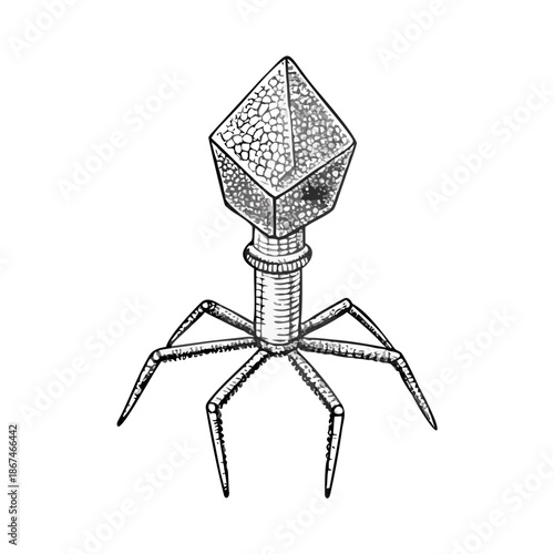 Detailed illustration of a bacteriophage virus structure in grayscale
