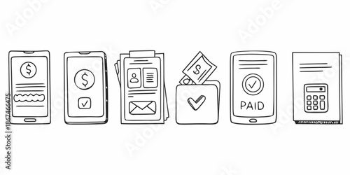 Sequence of mobile payments sketch illustrations of digital transactions