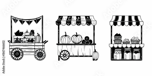 Vintage market stalls displaying pumpkins fruits and preserves in sketch style