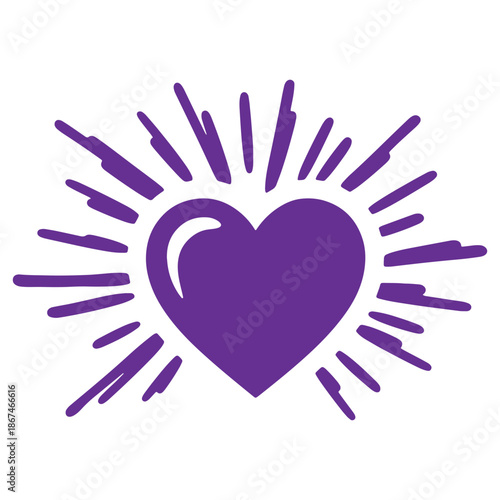 Vibrant purple heart with radiant sunburst design isolated on transparent background