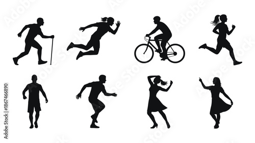 Silhouettes of people engaged in various athletic and dynamic physical activities