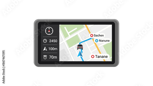 GPS Navigation Device Showing Route on Map with Car Icon