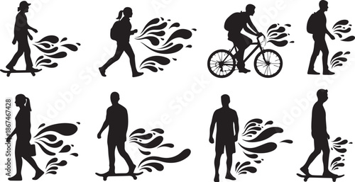 Silhouettes of people engaging in various activities outdoors