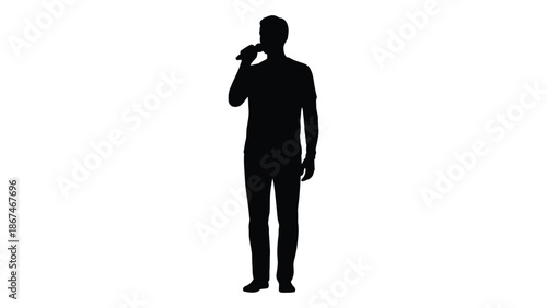 Silhouette of a man speaking into a microphone with a confident posture