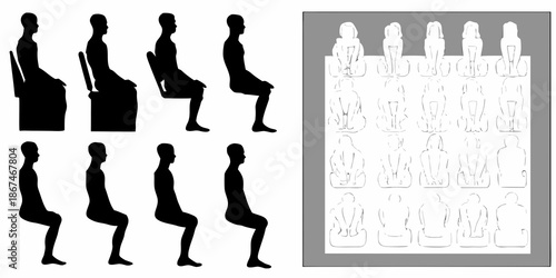 Silhouettes of people sitting in chairs showcasing various postures and forms