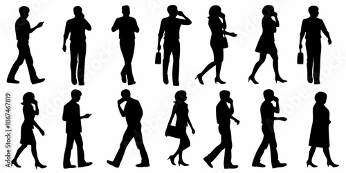 Silhouettes of people in various walking poses and everyday activities