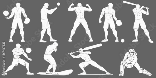 Baseball player silhouettes illustrating various actions during a game sequence