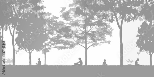 Silhouetted figures seated amongst trees in a minimalist grayscale landscape
