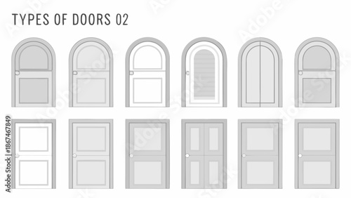 A collection of various door types and designs displayed in a graphic illustration