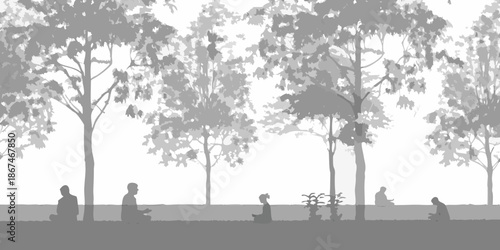 Silhouetted figures seated amongst trees in a minimalist grayscale landscape