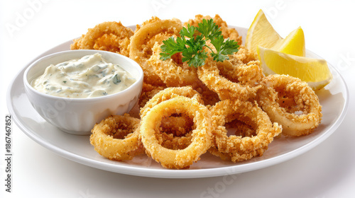 fried calamari with tartar sauce on white background