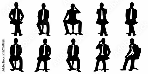 Silhouettes of people in business attire seated and standing in various poses