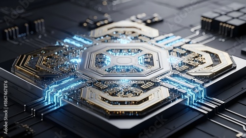 Futuristic Quantum Microchip with Glowing Light and Gold Circuitry