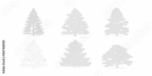 A collection of stylized evergreen and deciduous tree silhouettes on white