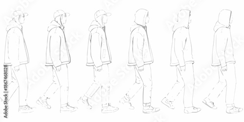 Line art illustration of men walking in hooded jackets side view sequence