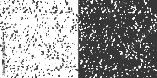 A stark contrast black and white speckled pattern divided vertically in half