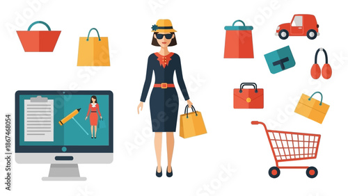 Woman Shopping Online with Accessories and Computer Icons