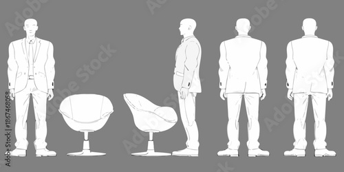 Fashion design sketch showing male figure and furniture in black and white