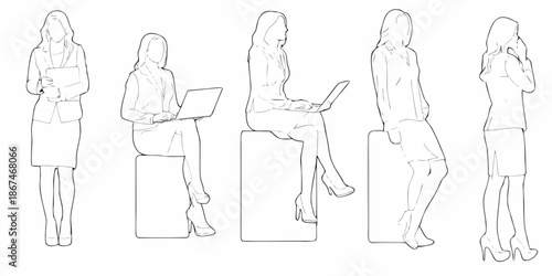 Line art illustration of women in business attire in various poses