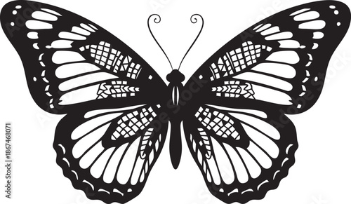 Black and white butterfly silhouette with intricate wing patterns wings 3